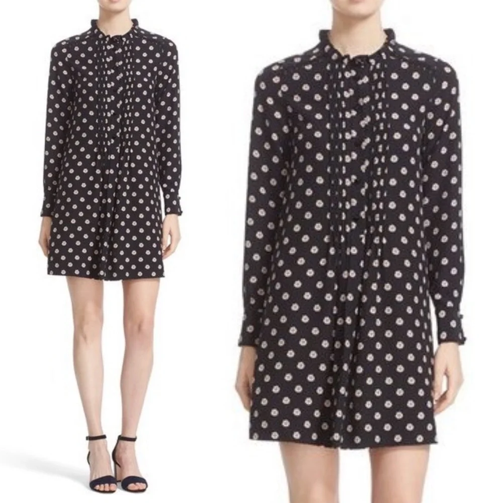 Kate Spade Dress Ditsy Floral Black Swing Tent Mini Cottagecore 100% Silk XS